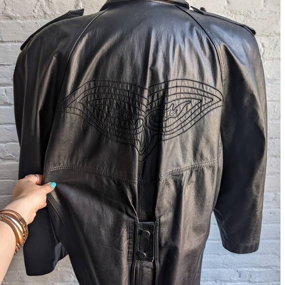 Vintage Minimalist Black Leather Duster Embroidered Biker Moto Goth Trench Coat - Picture 3 of 9